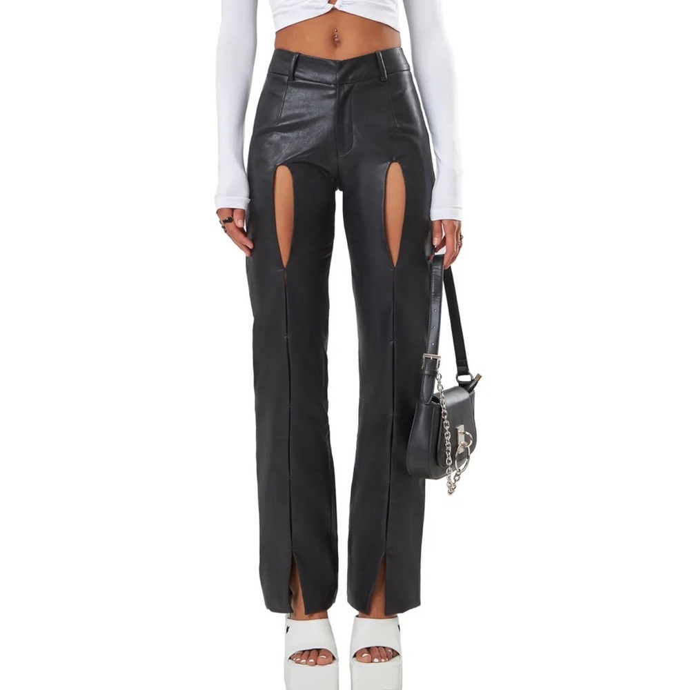 The Kript Nadia Straight Leg Pants Black Vegan Leather with Cutouts Size XS